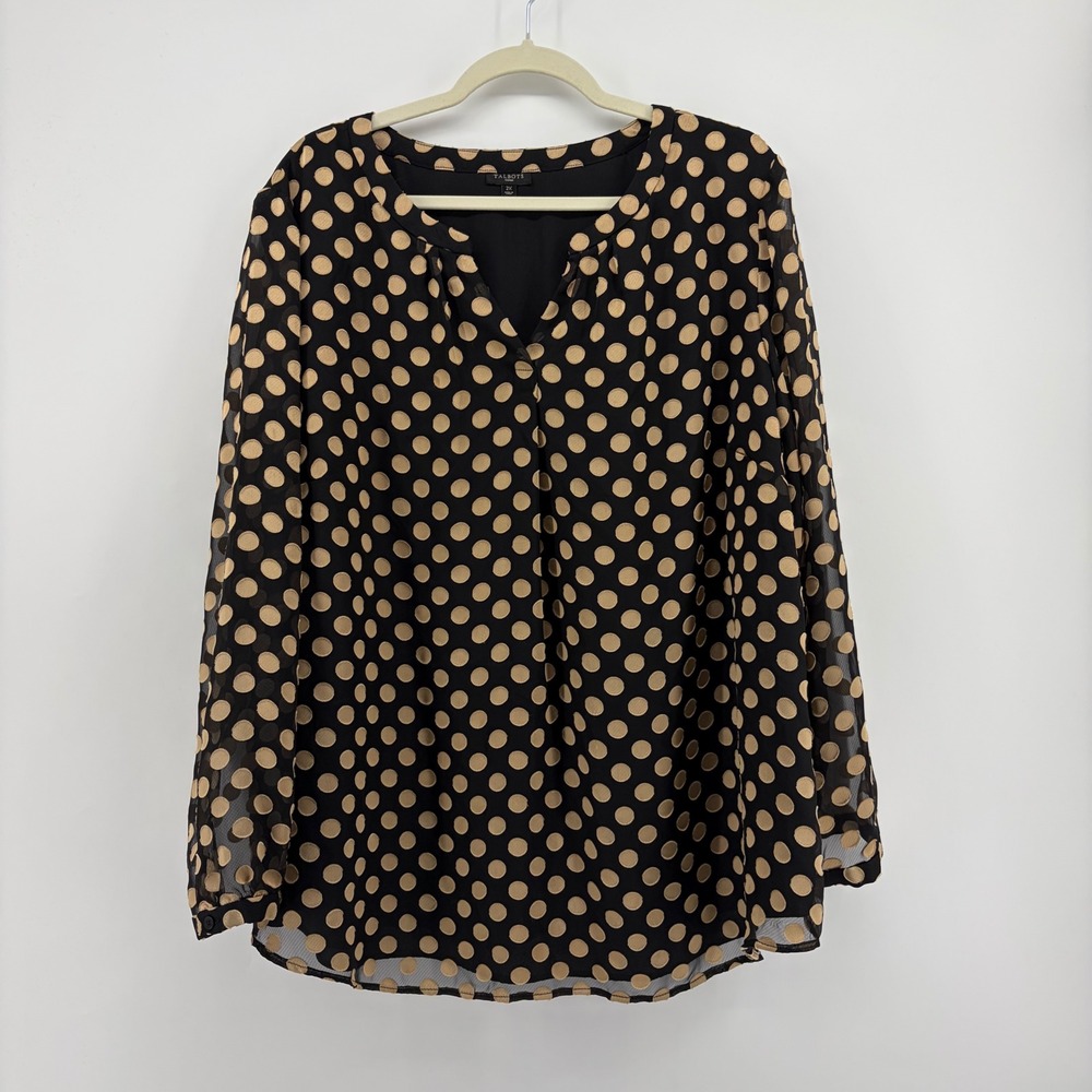 Talbots Womens 2X Black Tan Polka Dot Blouse Mesh Overlay Split Neck Long Sleeve